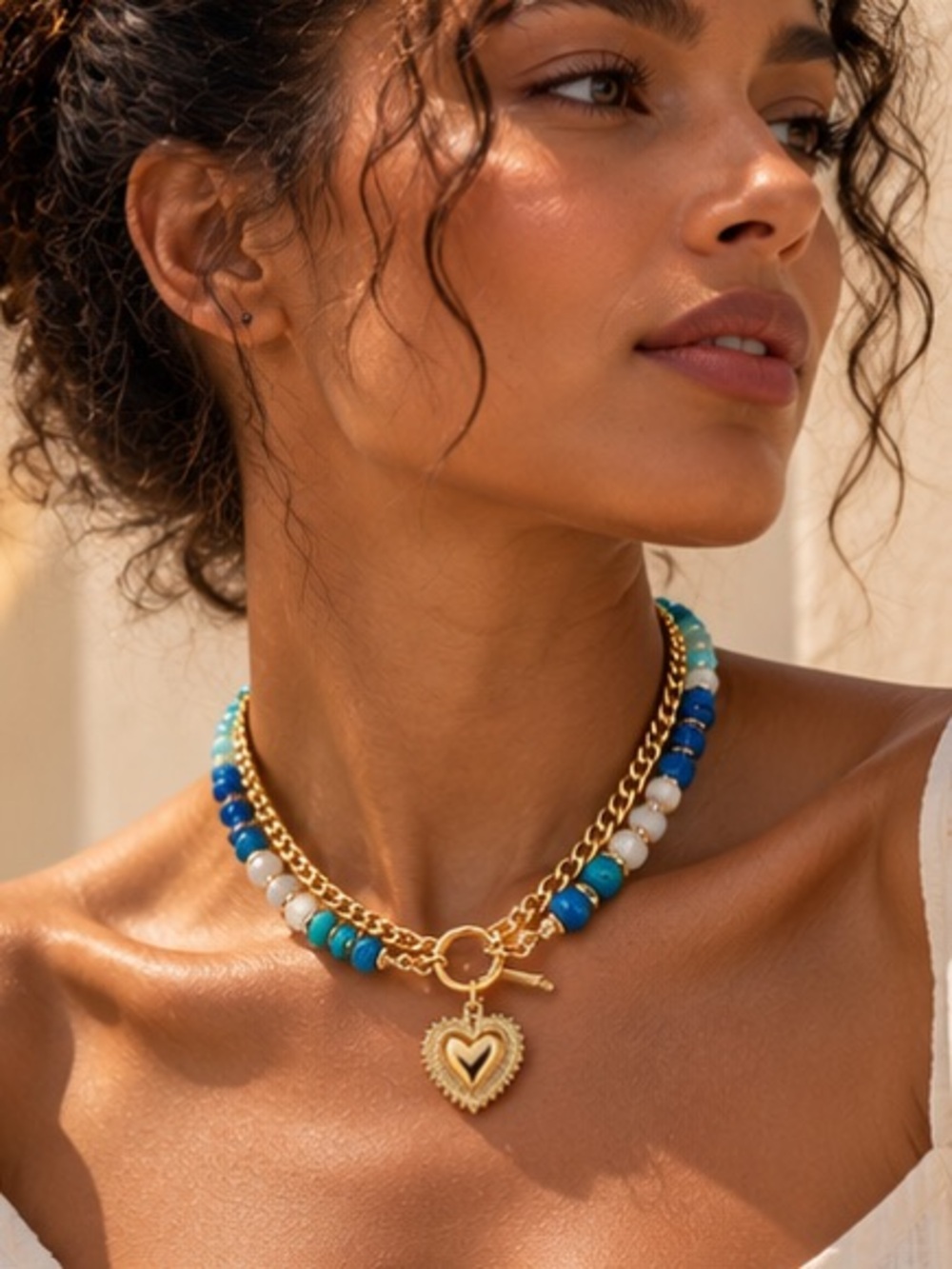 Bohemian Turquoise Necklace Blue Beads Gold Heart Charm Jewelry